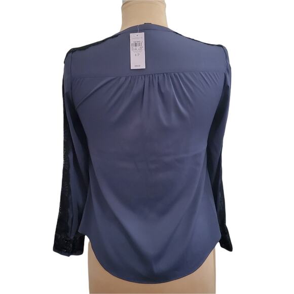 New with Tags Ann Taylor Button Up Shirt Blue with Black Lace Detail 4 Petite - Picture 3 of 10